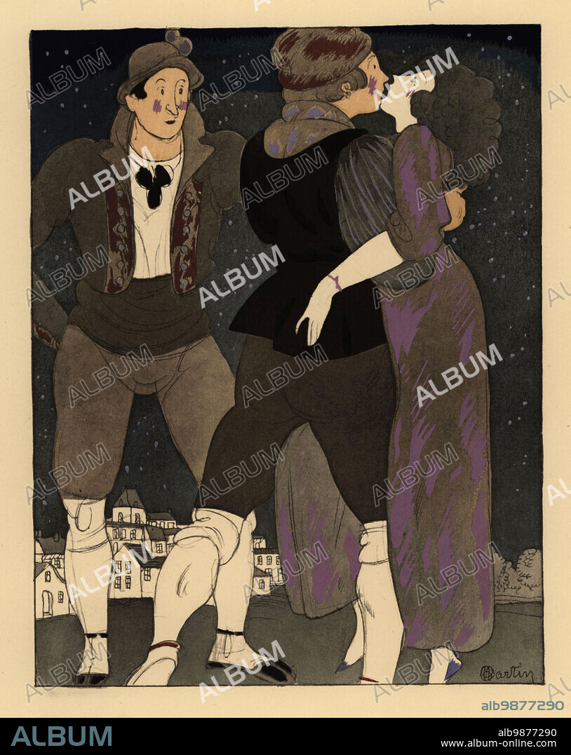 A man allowing a stranger to kiss his wife. William watching a stranger kiss his wife Petronella. The kiss returned. Le baiser rendu. Lithograph handcoloured in pochoir (stencil) after an illustration by Charles Martin from Jean de la Fontaines Contes et Nouvelles en Vers, Tales and Novellas in Verse, Libraire de France, Paris, 1930.