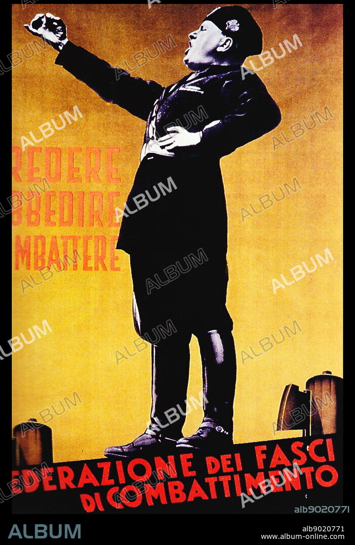 Italian Fascist propaganda poster depicting Mussolini 1935.