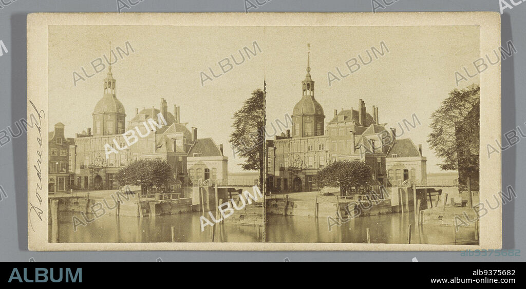 View of the Wijnhaven and the dome of the Groothoofdspoort, Dordrecht, Dortrecht, Boompoort (title on object), Pieter Oosterhuis (attributed to), Dordrecht, 1859 - 1870, cardboard, paper, albumen print, height 87 mm × width 173 mm.