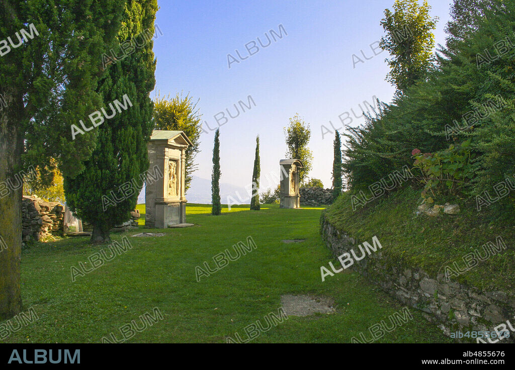 Montevecchia, province of Lecco, Brianza, Lombardy, Italy. Shrine of the Blessed Virgin of Carmel (Santuario della Beata Vergine del Carmelo) - The Way of the Cross (Via Crucis) around the shrine.