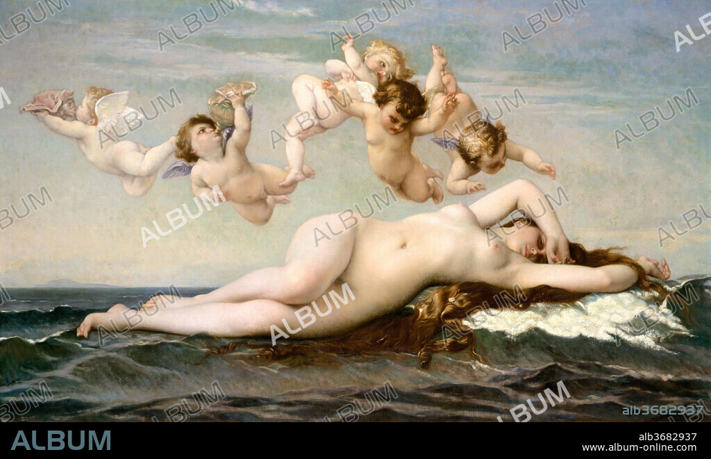 The Birth of Venus. Artist: Alexandre Cabanel (French, Montpellier 1823-1889 Paris). Dimensions: 41 3/4 x 71 7/8 in. (106 x 182.6 cm). Date: 1875.
The first version of Cabanel's <i>Birth of Venus</i> (Musée d'Orsay, Paris) created a sensation at the Salon of 1863, which was dubbed the "Salon of the Venuses" owing to the number of alluring nudes on view. Embodying the ideals of academic art, the careful modeling, silky brushwork, and mythological subject of Cabanel's canvas proved a winning combination: the Salon picture was purchased by no less than Napoleon III for his personal collection. In 1875, John Wolfe commissioned the present, slightly smaller, replica from Cabanel.