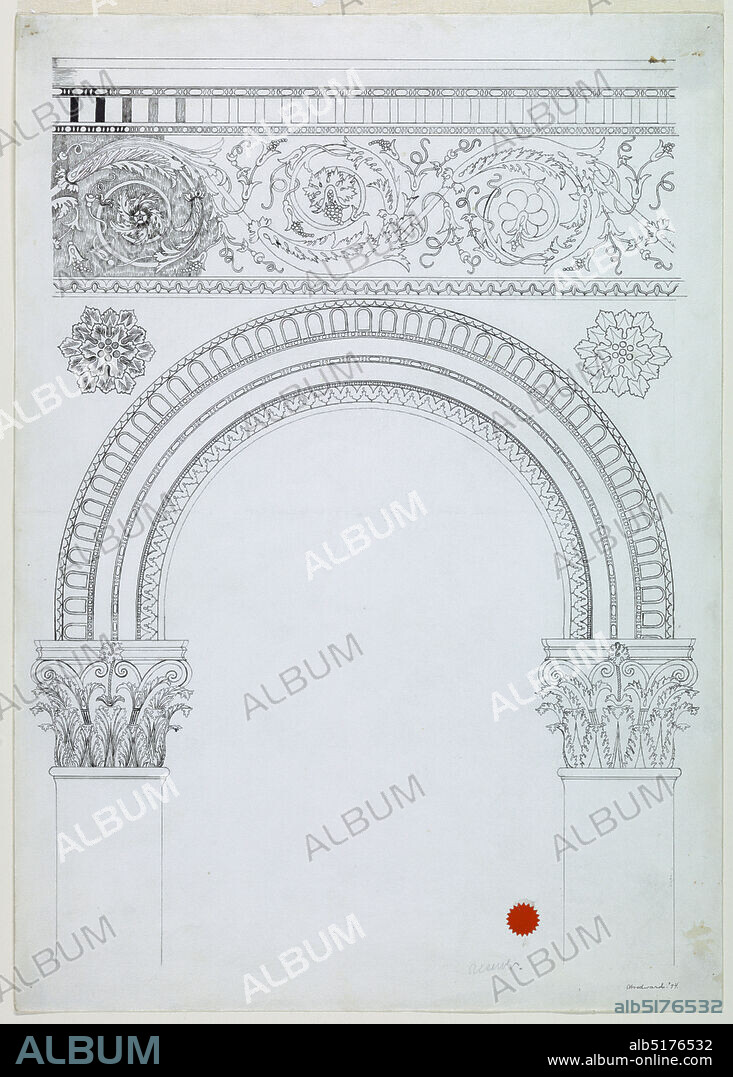 An arch, J.D. Woodward, Pen and ink on paper, Vertical rectangle. A semi-circular opening, supported by columns bearing capitals in the Corinthian style. Various classical borders make up the arch itself. Rosettes, upper left, upper right surmounted by a frieze, including a wide rinceau border., USA, 1894, architecture, Drawing, Drawing.