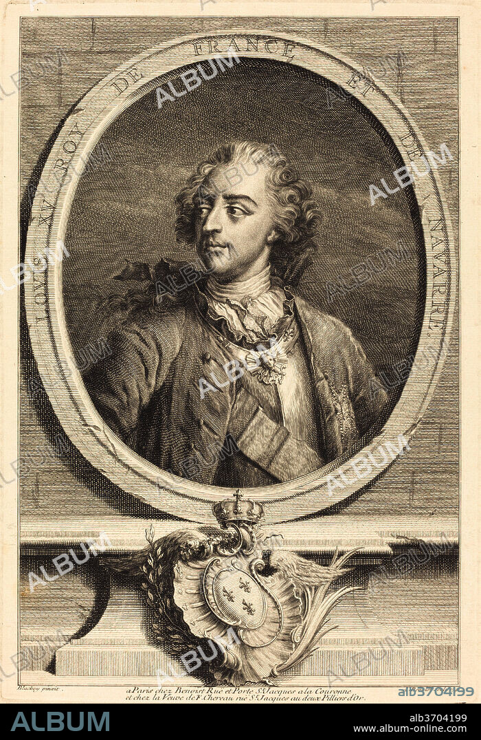 ANTOINE BENOIST AFTER JAKOB CHRISTOFFEL LE BLON AFTER NICHOLAS BLAKEY. Louis XV, King of France. Dated: 1741. Dimensions: plate: 37.5 x 25.3 cm (14 3/4 x 9 15/16 in.)  sheet: 40.8 x 28.5 cm (16 1/16 x 11 1/4 in.). Medium: engraving over etching on laid paper.