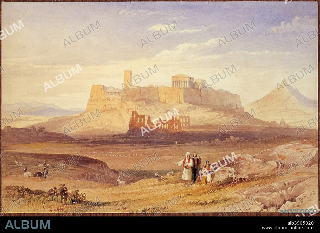 PURSER WILLIAM. View of Athens with the Acropolis and the Odeion of Herodes Atticus. Date/Period: 1800 - 1830. Painting. Height: 260 mm (10.23 in); Width: 400 mm (15.74 in).