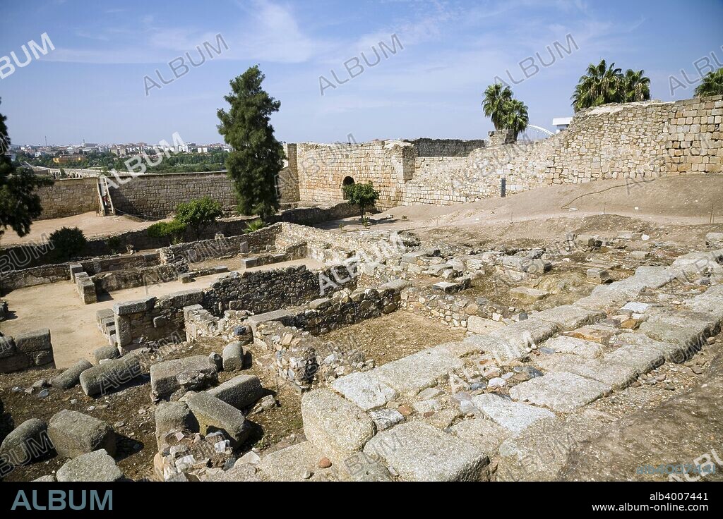 The Arab fortress (alcazaba) at Merida, Spain, 2007. This Moorish castle was created in 855 by the enlargement of an earlier Roman and Visigothic building, which was later converted by the Order of Santiago into a monastery. The Moors restored the Roman cistern in the basement of the fortress and built a flight of steps down to it, re-using Roman and Visigothic stones. Merida was founded by the Romans in 25 BC, under the name of Augusta Emerita, as a colony for veterans of the Vth and Xth Legions.