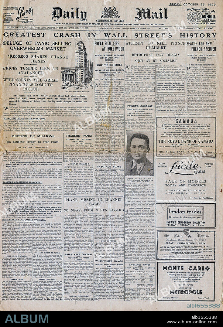 Front page of the Continental edition of the London 'Daily Mail' 25 October 1929 reporting the Wall Street Crash.