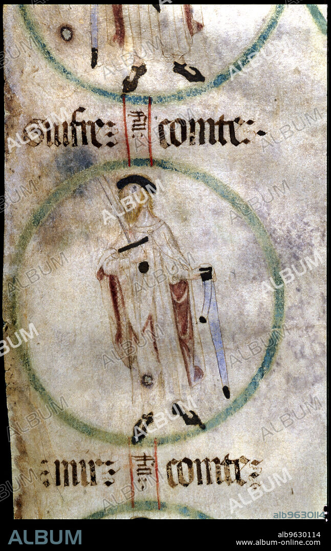 Guifré II (also called Borrell I) (874-911), count of Barcelona, Gerona (Guifre III) and Ausona, successor son of Guifre I, miniature in a 15th century parchment entitled 'Genealogy of the Kings of Aragon and Counts of Barcelona', preserved in the archives of the Poblet Abbey.