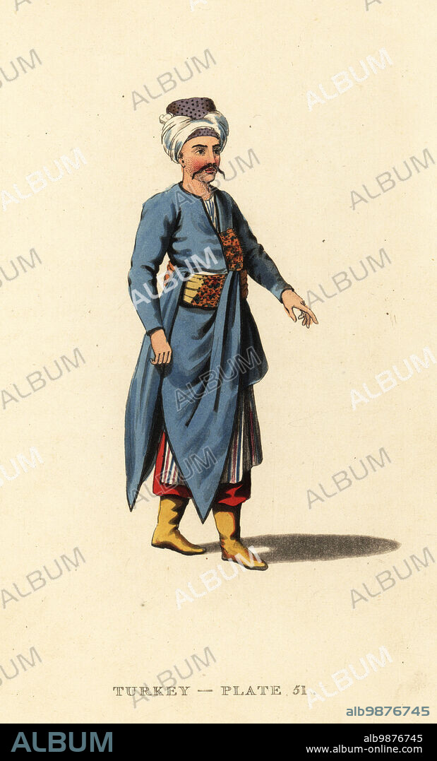 Costume of a domestic servant or Tchocadar, Ottoman Empire. He wears a hat with turban, blue coat, striped robe, yellow boots. Handcoloured copperplate engraving after Octavian Dalvimart from William Alexanders translation of Picturesque Representations of the Dress and Manners of the Turks, Thomas MLean, London, 1814.