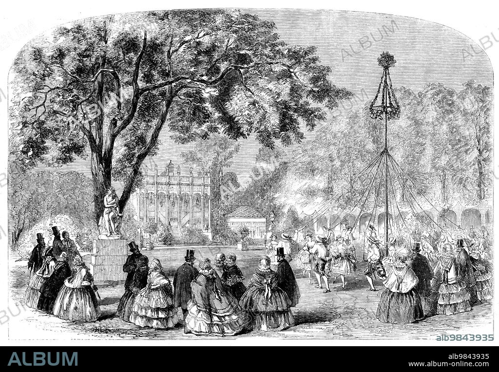 Cremorne Gardens - the Maypole Dance, 1858. Pleasure gardens in Chelsea, London. 'This delightful place of public resort was...the centre of great attraction, and was crowded by a brilliant company, who were brought together to testify their admiration of the manner in which the spirited proprietor - Mr. T. Simpson - has managed these gardens. As early as three o'clock the gardens were open to the public, when maypole and and morris dancing, such as delighted our ancestors, took place in the gardens, which were exquisitely decorated with flags and banners...It would be in vain to attempt to enumerate all the attractions which Cremorne presented. Bands were perambulating the gardens; and dancers were plying their nimble feet with more zest than usual...The spot chosen for Illustration is the Lawn, one of the prettiest portions of the grounds, and one on which great attention is bestowed to preserve the beauty of its appearance during summer. The Italian building at the back is a very artistic elevation, and is used for the performance of the Marionettes, which were introduced into England by Mr. Simpson in 1852, and is of sufficient dimensions to contain 1000 persons'. From "Illustrated London News", 1858.