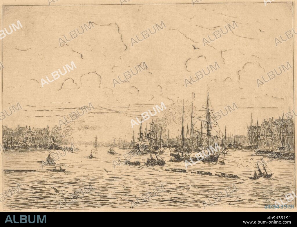 In the foreground two tugboats On the right a sailing ship and in the background a steamboat, View of the Maas with Tugboats, print maker: Cornelia Christina Johanna van Trigt-Hoevenaar, (signed by artist), 1864 - 1909, paper, etching, h 170 mm × w 245 mm.