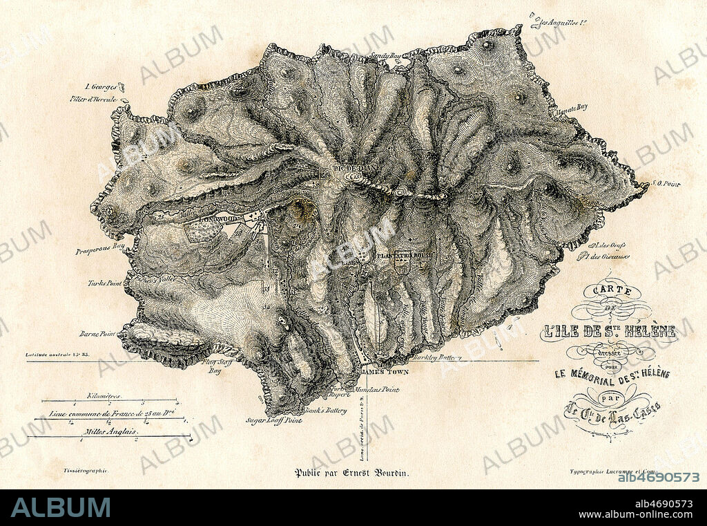 Carte de l'Ile de Sainte-Helene dressee par le Comte de LAS CASES (1766-1842) pour son ouvrage 'Le Memorial de Sainte-Helene', edition de 1842. Credit : Collection Grob/KHARBINE-TAPABOR.