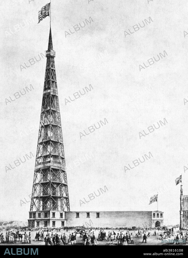 Latting Observatory on 42nd St. between 5th and 6th Avenues in New York City. It built as part of the 1853 Exhibition of the Industry of All Nations, adjoining the New York Crystal Palace, and it burnt down in 1856. It was 315 feet (96 m) high, the tallest building in the United States during its brief existence, and was later described as "New York's first skyscraper.".
