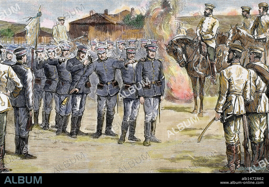Alejandro de Battenberg (1857-1893). Príncipe de Bulgaria (1879-1886). Elegido príncipe heredero de Bulgaria bajo soberanía turca. Destronado por un grupo de oficiales rusófilos. Deshonra del regimiento de Strunski, que depuso al Príncipe el 21 de agosto de 1886. Grabado coloreado.