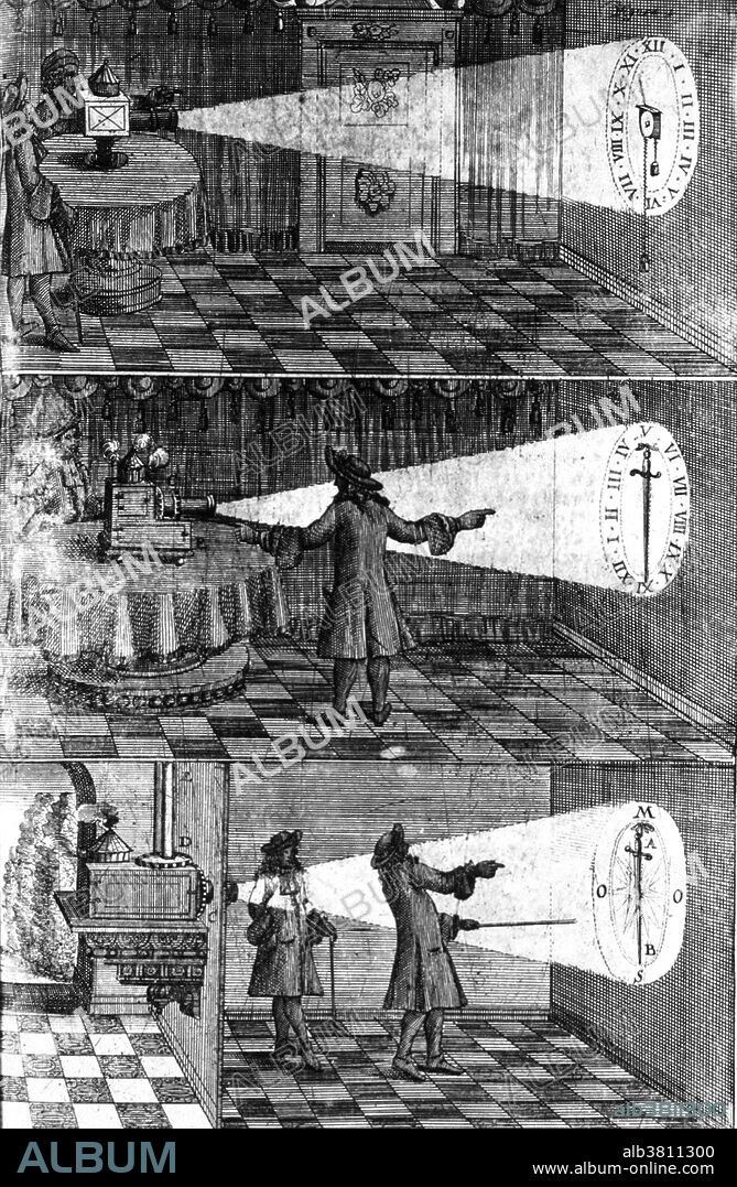Three vignettes demonstrating light projection apparatus. Johann Zahn (March 29, 1641 - June 27, 1707) was a German monk and author of Oculus Artificialis Teledioptricus Sive Telescopium (1685) which contains descriptions, diagrams, illustrations and sketches of both the camera obscura and magic lantern, along with various other lanterns, slides, projection types, peepshow boxes, microscopes, telescopes, reflectors, and lenses. The first camera that was small and portable enough to be practical for photography was envisioned by Zahn in 1685, but it would be almost 150 years before technology caught up to where this was possible to build. In Oculus Artificialis, his comprehensive description of the magic lantern (along with twelve other different lanterns) includes some of these lanterns showing for the first time lens covers. This was an important evolution in the history of the camera, because it meant that the screen could be kept dark while the operator changed the slide. He also illustrated a large workshop camera obscura for solar observations using the telescope and scioptric ball. He also designed several portable camera obscuras, and demonstrated the use of mirrors and lenses to erect the image, enlarge and focus it.