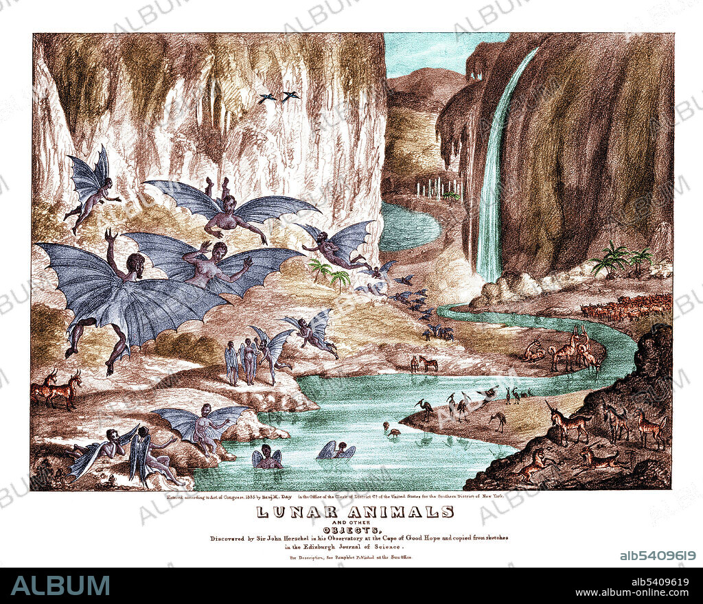 The Great Moon Hoax refers to a series of articles that were published in 1835 by The Sun, a New York newspaper, about the discovery of life on the Moon, and falsely attributed to English astronomer John Herschel. The articles described fantastic animals, including unicorns and bat-like winged humanoids (Vespertilio-homo) who built temples. Authorship of the articles has been attributed to Richard Adams Locke.