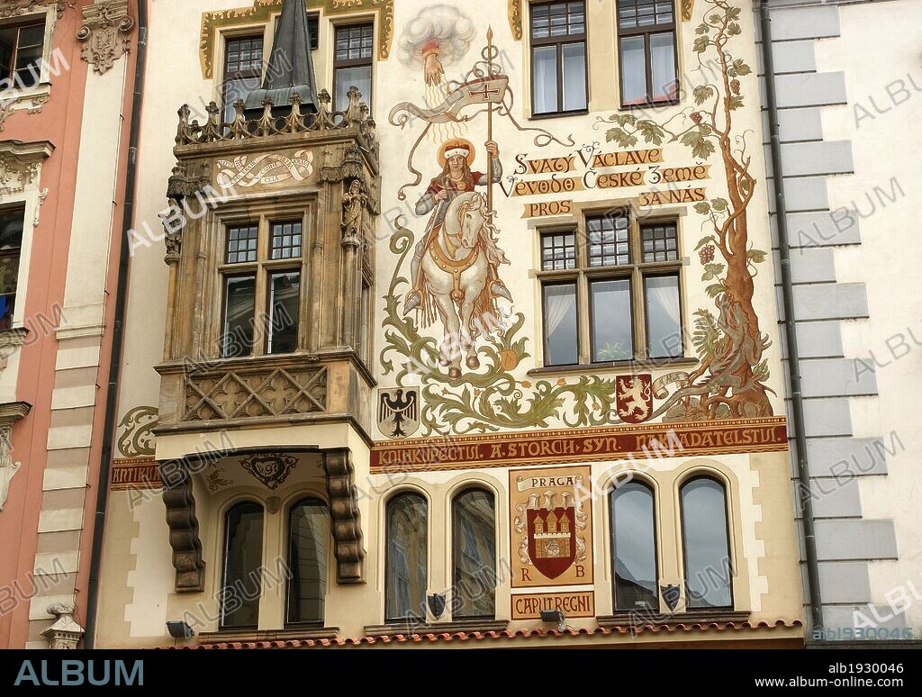 Czech Republic. Prague. The Storch House (No.16) Also called "At the Stone Virgin Mary". Facade adorned with figurative painting of St. Wenceslas on horseback. Designed by Mikolas Ales in the 19 th century. Neo-Renaissance. South facade of the Old Town Square (Staromestske mamesti).