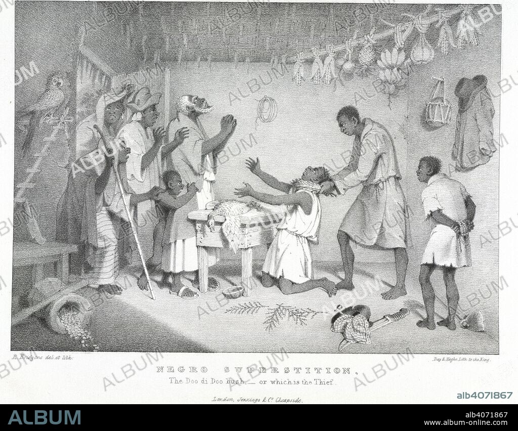 RICHARD BRIDGENS. Negro superstition. West India Scenery, with illustrations of negro ch. R. Jennings & Co.: London, [1836?]. The text states '...a kind of ordeal in use among the Negroes, for extorting a confession of guilt from persons suspected of theft or other crime'. 'The injured party communicates his suspicions to the Dadie (as the reputed sorcerer is called). The Dadie conducts a trial with the use of a band made out of a branch of shrub, which is passed around the neck of the supposed culprit, who is then called upon to clear himself by oath of the imputed crime. The Dadie tightens the band if he thinks the accused is guilty. Image taken from West India Scenery, with illustrations of negro character, the process of making sugar, &c., from sketches taken during a voyage to, and residence of seven years in, the island of Trinidad. [Plates, with accompanying text.]. Source: 789.g.13, plate 21. Language: English.