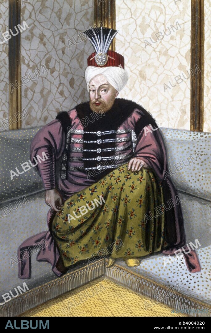 Mehmed IV, Ottoman Emperor, (1808). Mehmed (1642-1693) was Sultan from 1648 until 1687. He came to the throne at the age of seven, succeeding his father, the mentally unstable Ibrahim I, who had been deposed in a coup. Mehmed's reign was significant as it was he who transferred many of the Sultan's executive powers to the Grand Vizier. Mehmed's reign ended when he was himself deposed in a coup in 1687, spending the rest of his days impisoned in the Topkapi Palace. From A series of Portraits of the Emperors of Turkey, 1808.