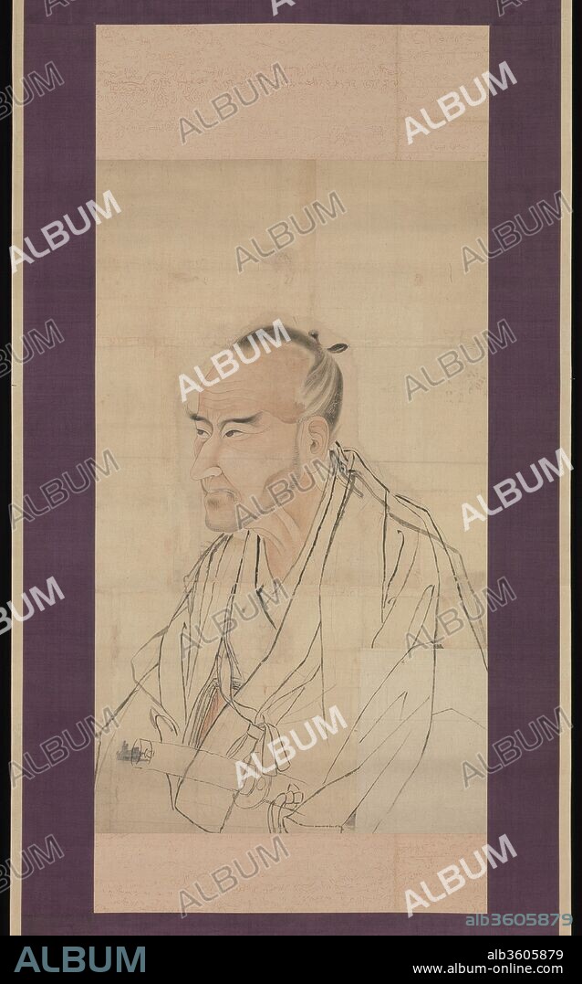 Sketch for the Portrait of Tachihara Suiken. Artist: Watanabe Kazan (Japanese, 1793-1841). Culture: Japan. Dimensions: 29 1/8 x 17 in. (74 x 43.2 cm). Date: 19th century.
Tachihara Suiken was the father of a close friend of Kazan's. The completed work is now lost, but several surviving sketches reveal that the artist rejected the concealment of physical defects in favor of a sympathetic realism. In this sketch, the only embellishments that refer to the subject's social status are his sword and the book tucked into his robe. His shriveled mouth and unshaven chin, adroitly captured by the Western technique of chiaroscuro--which Kazan had studied--enhance the impression of intense self-determination made by this eighty-one-year-old samurai.