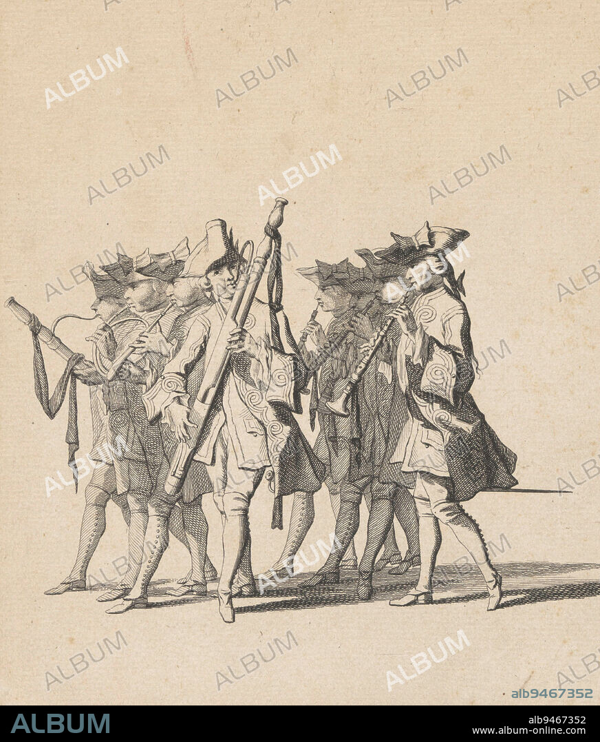 Musicians of the Swiss guards. Fragment of a print (numbered 5), part of a series of 41 plates of the funeral procession of Stadholder William IV in Delft on February 4, 1752, Musicians of the Swiss guards Lyk-staetsie van zyne doorluchtigste Hoogheid den Heere Willem [IV] Carel Hendrik Friso, Prince of Orange and Nassau (...) held the IV February 1752 (series title on object)., print maker: Jan Punt, intermediary draughtsman: Pieter Jan van Cuyck, Northern Netherlands, 1752, paper, etching, engraving, h 203 mm × w 167 mm.
