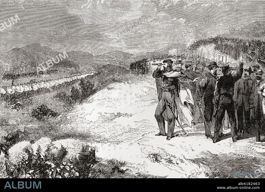 Garibaldi attacked by Italian Troops at the Battle of Aspromonte aka The Day of Aspromonte,1862.  Giuseppe Garibaldi, 1807 - 1882.  Italian general, politician and nationalist.  From Ward and Lock's Illustrated History of the World, published c.1882.