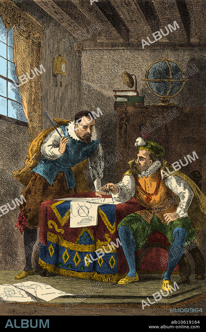 Brahe (right) and Kepler discussing observations on the movement of the planet Mars. Tycho Brahe (1546-1601) was a Danish astronomer. He worked to combine the geometrical benefits of the Copernican system with the philosophical benefits of the Ptolemaic system into his own model of the universe, the Tychonic system. He was the last of the major naked eye astronomers, working without telescopes for his observations. He is credited with the most accurate astronomical observations of his time, and the data was used by his assistant, Johannes Kepler, to derive the laws of planetary motion. He was exiled to Prague in 1597 and was assisted in his work by Kepler until his death. Johannes Kepler (1571-1630) was a German mathematician, astronomer and astrologer. He is best known for his works Astronomia nova, Harmonices Mundi, and Epitome Astronomiae Copernicanae. These works also provided one of the foundations for Isaac Newton's theory of universal gravitation.