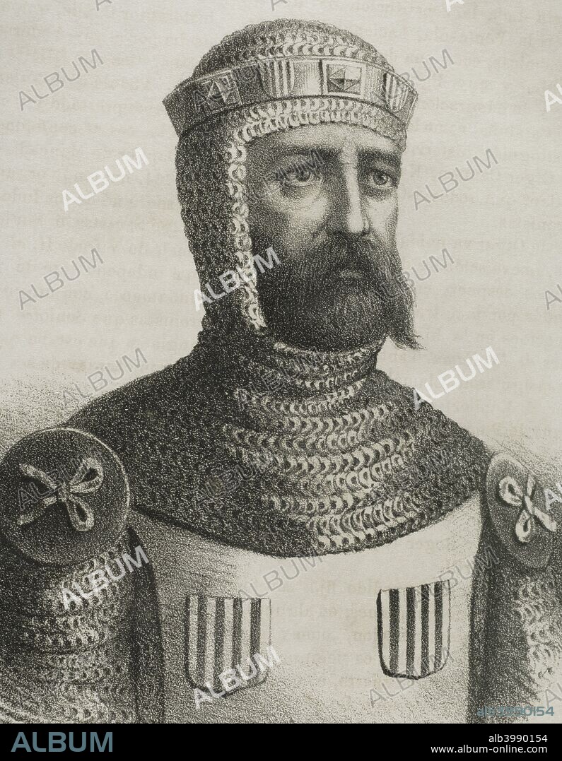Wifredo el Velloso (Guifré el Pilós) (840-897). Conde de Urgel y de Cerdaña, de Barcelona, Gerona y Osona. Fué el último conde de Barcelona designado por la monarquía franca y el primero que legó sus estados a sus hijos, originándose la casa condal de Barcelona. Dibujo por Llanta, detalle. Litografía. Crónica General de España, Historia Ilustrada y Descriptiva de sus Provincias. Cataluña, 1866. Biblioteca Histórico Militar de Barcelona. Cataluña, España.