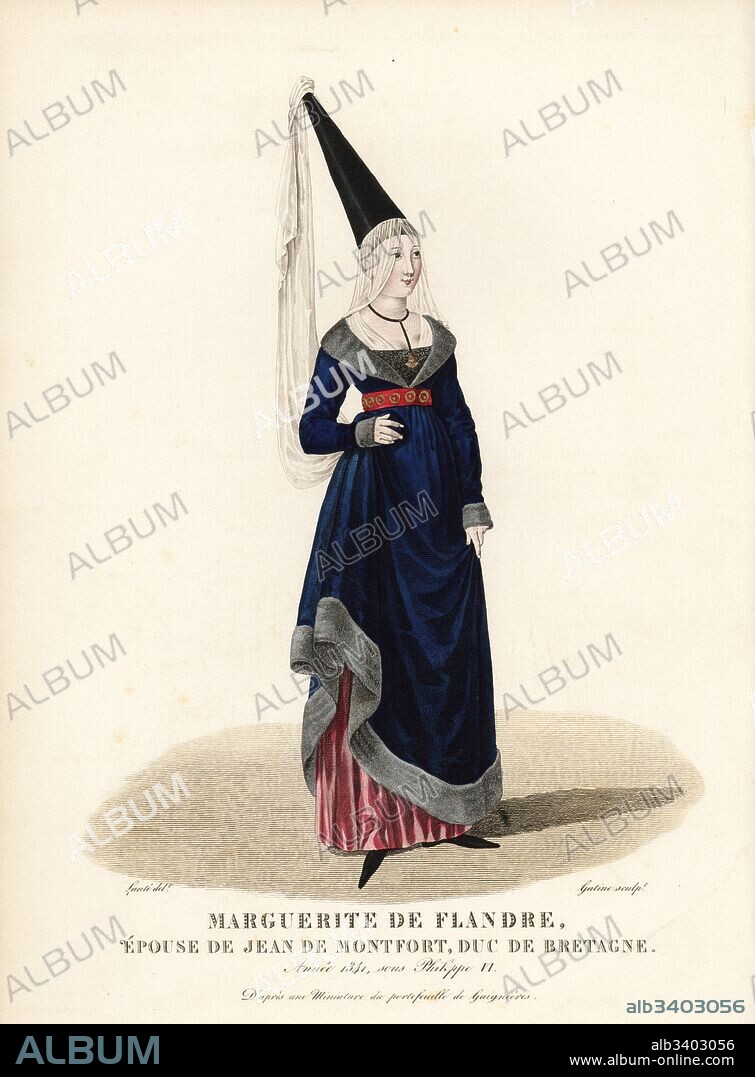 Jeanne de Flandre, wife of Jean de Montfort, Duke of Brittany. Wearing the costume she wore entering Nantes with her husband 1341. The tall conical hennin was called La Syrienne, brought back from Syria in the Crusades. After a miniature in Roger Gaignieres' portfolios. Handcoloured copperplate engraving by Georges Jacques Gatine after an illustration by Louis Marie Lante from Galerie Francaise de Femmes Celebres, Paris, 1827.