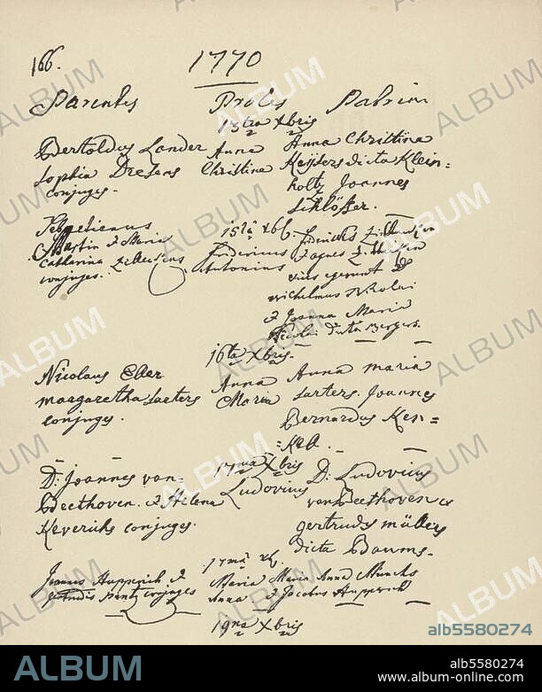 Beethoven, Ludwig van; Komponist; 1770-1827. Eintragung der Taufe Beethovens am 17. Dezember 1770 im Taufregister der Kirche St. Remigius zu Bonn: Namen der Eltern Johann und Helena (irrtümlich für Magdalena), sowie der Patin Gertrud Baums, geb. Müller). Bonn, Stadtarchiv.