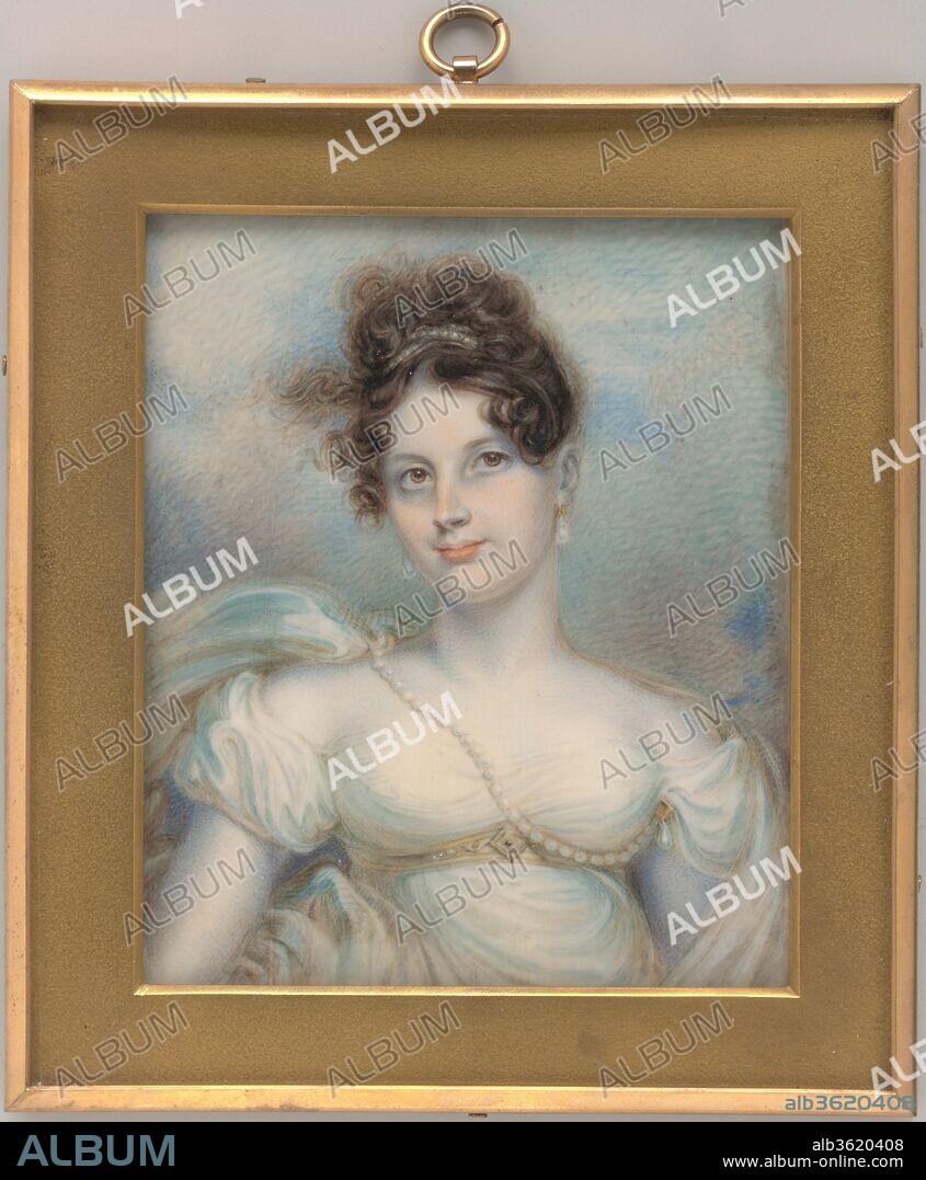 Mrs. Manigault Heyward (Susan Hayne Simmons). Artist: Robert Fulton (American, Little Britain, Pennsylvania 1765-1815 New York). Dimensions: 3 21/32 x 2 13/16 in. (9.3 x 7.1 cm). Date: ca. 1813.
An artist and engineer, who began his career as a multi-talented silversmith's apprentice and carriage designer, Robert Fulton probably learned the art of miniature painting from Charles Willson Peale and his brother James Peale in Philadelphia.  During the winter of 1786, he was in Petersburg, Virginia, where he advertised his talents not only for painting tiny portraits, but also for the attendant hairwork and jewelry settings.  His miniatures are delicate and comely, characterized by his sitters' pursed lips and narrow shoulders. Fulton studied with Benjamin West beginning in 1786 and remained in England for twenty years, learning from West, exhibiting at the Royal Academy, and honing his skills as a painter in oils and watercolor.  Upon his return to Philadelphia in 1806, he mounted an exhibition of pictures by West and others, a collection he had assembled while abroad, at the Pennsylvania Academy of the Fine Arts.  After this his interest turned almost entirely to experimentation in steam travel.  Fulton studied canal boats, submarines, and torpedoes and in 1807 his steamboat, The Clermont, made its first commercial voyage, from New York to Albany.