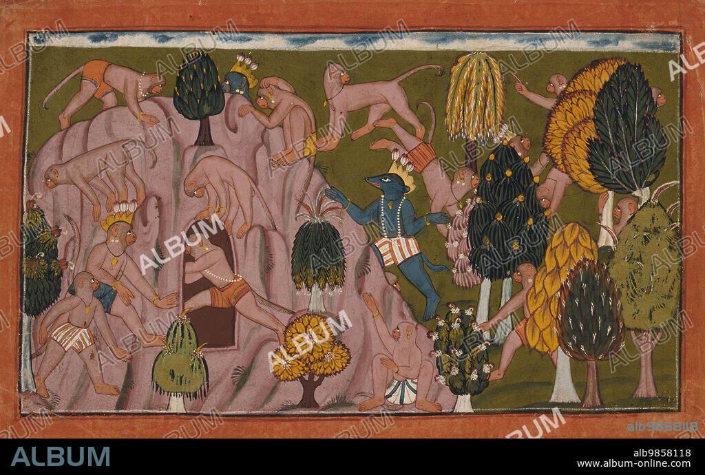Monkeys and Bears Investigate the Rikshabila Cave, Folio from the "Shangri" Ramayana (Adventures of Rama), between c1700 and c1710.