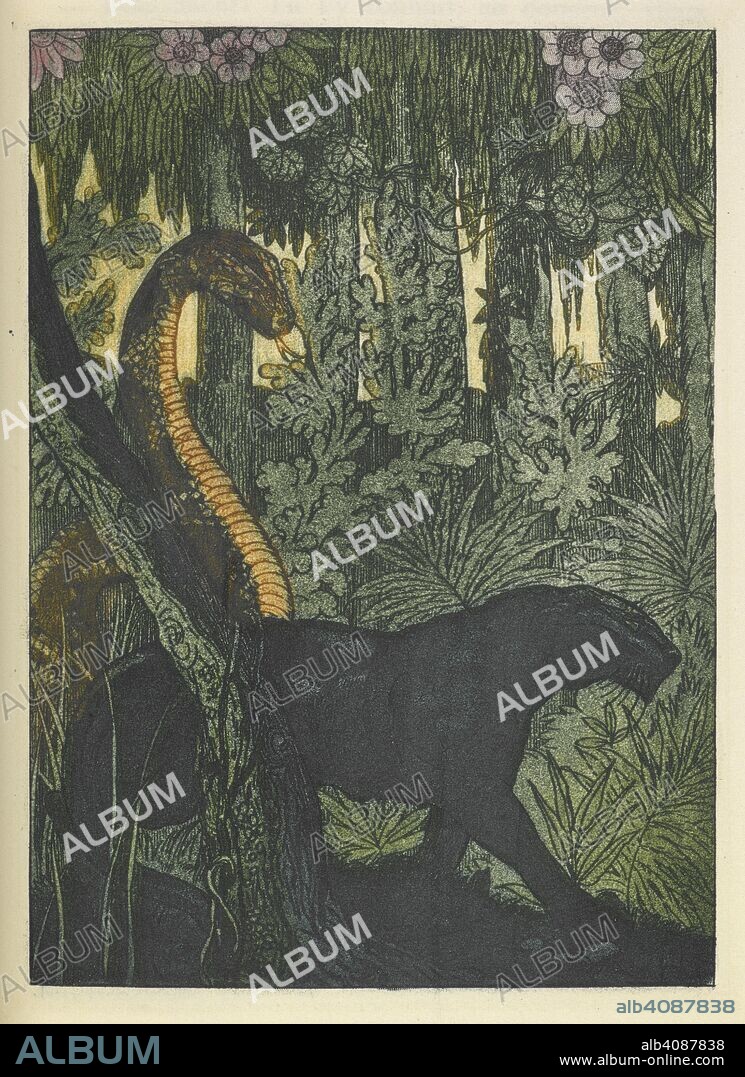 RUDYARD KIPLING. The python, Kaa and the panther, Bagheera. Le Second livre de la Jungle. Traduction de Louis Fabulet et Robert d'HumieÌ€res. Paris, [1899]. Source: File 617 plate facing page 36.