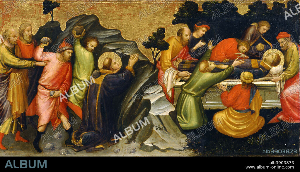 MARIOTTO DI NARDO. Predella Panel Representing the Legend of St. Stephen: The Stoning of St. Stephen / The Burial of St. Stephen. Date/Period: 1408. Painting. Tempera on panel Tempera on panel. Height: 290 mm (11.41 in); Width: 539 mm (21.22 in).
