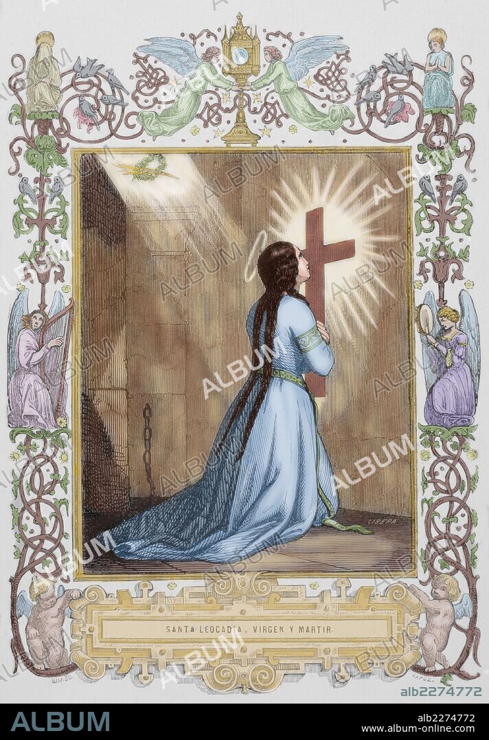 SANTA LEOCADIA. Virgen y mártir cristiana de la Hispania romana. Murió en el año 303. Grabado de Cibera. "Año Cristiano", 1853. Coloreado.