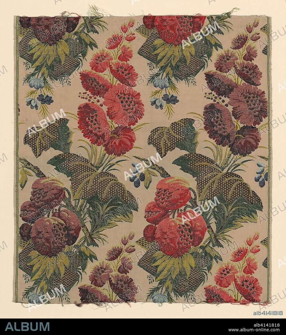 Panel (Furnishing Fabric). Style of Jean Revel (French, 1684-1751); France. Date: 1724-1745. Dimensions: 62.2 × 55.9 cm (24 1/2 × 22 in.)
Repeat: 46 × 27 cm (18 1/8 × 10 5/8 in.). Silk and silvered-metal-strip-wrapped silk, plain weave with supplementary brocading wefts. Origin: France.
