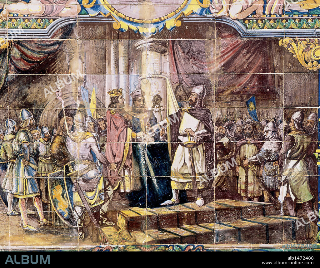 Rodrigo Diaz de Vivar (c.1043-1099), known as El Cid. Castilian nobleman, military leader and diplomat. The king Alfonso VI takes an oath at the hands of Rodrigo Di_az de Vivar (El Cid) to deny intervention in his brother's death in the church of Santa Gadea at Burgos. Tile in Spain Square. Sevilla. Andalusia. Spain.