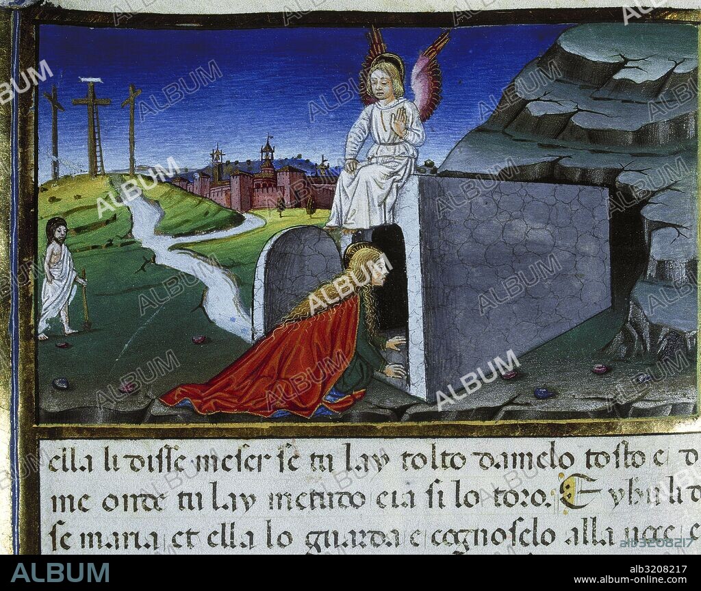 MARIA MAGDALENA ENCUENTRA EL SEPULCRO SIN EL CUERPO DE JESUS". Página miniada del Códice de Predis (1476). Renacimiento-Quattrocento (siglo XV). Biblioteca Real. Turín. Italia.
