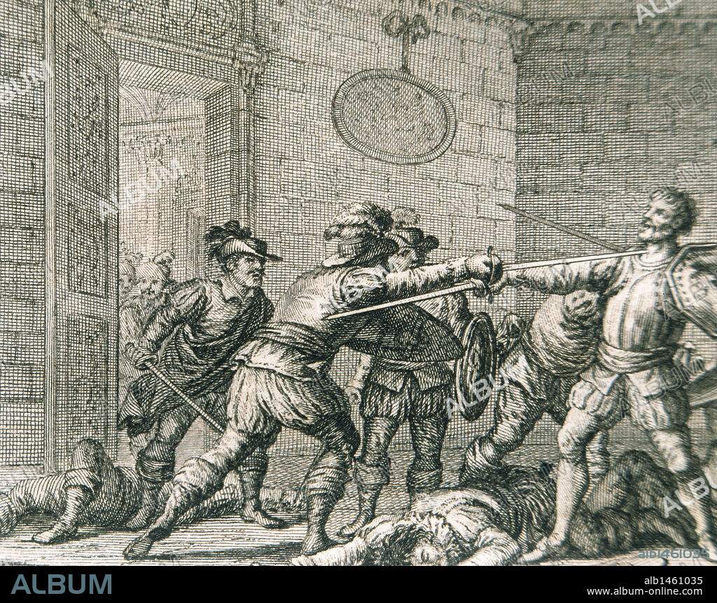 PIZARRO, Francisco (Trujillo, 1478-Lima, 1541). Conquistador español. Fundó Lima con el nombre de "Ciudad de los Reyes". Las disputas entre los seguidores de Almagro y los de Pizarro dieron lugar a una conspiración el 26 de junio de 1541, asesinando a Pizarro y proclamando gobernador a Almagro el Mozo. "ASESINATO DE PIZARRO". Grabado del siglo XVIII.