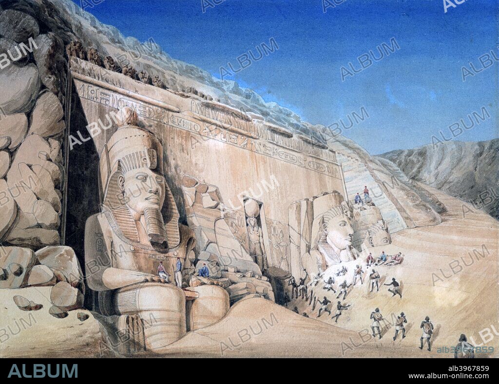 'Excavation of the Great Temple of Ramesses II, Abu Simbel', 1819. Louis Maurice Adolphe Linant de Bellefonds better known as Linant Pasha (1799-1883) was an explorer of Egypt and chief engineer of the Suez Canal. Found in the collection of the Victoria & Albert Museum, London.