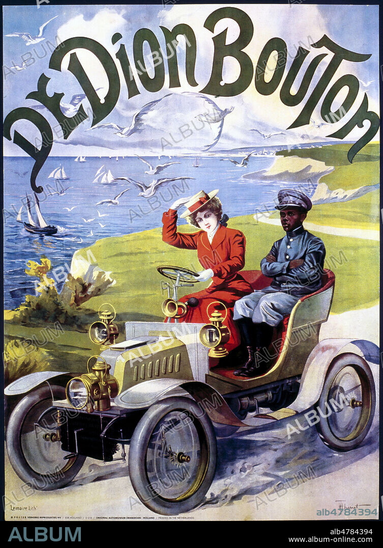 Affiche publicitaire 'De Dion Bouton' vers 1905. Illustration par Henri THIRIET (1873-1946) representant une femme au volant aux cotes de son domestique ou chauffeur noir. Credit : Collection SSPL/KHARBINE-TAPABOR.