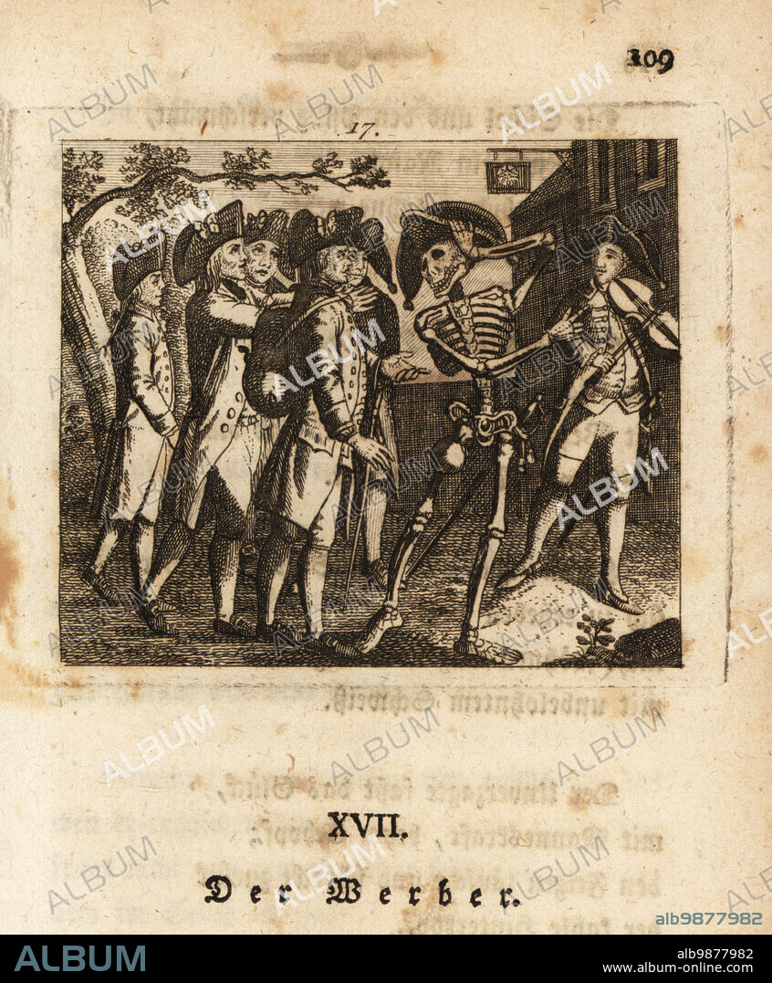 The skeleton of Death, Freund Hans, press-gangs a man into military service outside a public house, 18th century. The skeleton wears a soldiers bicorn and sword while a fiddler plays a violin. Press gang or swindler. Der Werber. Copperplate engraving by Johan Georg Mansfeld after an original by Johann Rudolf Schellenberg from Johan Kark Musauss Freund Heins Erscheinungen in Holbeins Manier, (Apparitions of Death in the manner of Holbein) Mannheim, 1803.