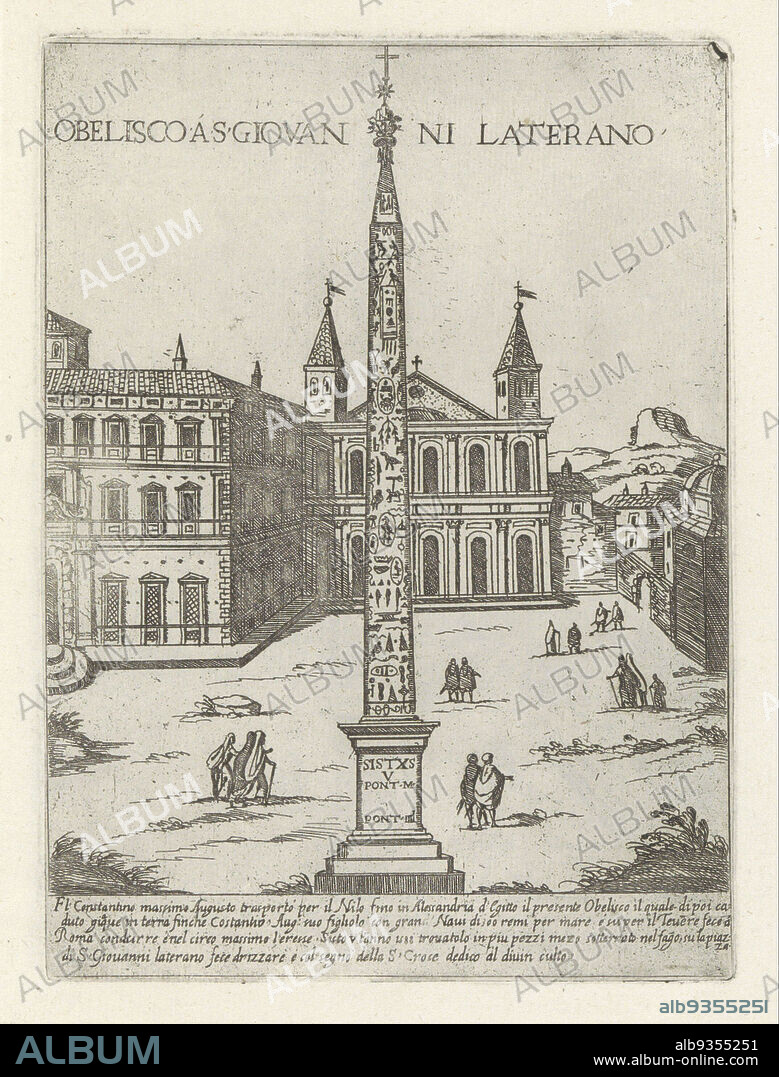 Lateran Obelisk behind St. John of the Lateran in Rome, Obelisco a S. Giovanni Laterano (title on object), Modern and ancient monuments and structures in Rome (series title), Ornamenti di fabriche antichi et moderni dell' alma citta di Roma (series title), View of the Lateran in Rome showing the rear of the Basilica of St. John of the Lateran, the Lateran Palace, the Lateran Baptistry and the Lateran Obelisk. Text in Italian in lower margin. The print is part of an album., print maker: Giovanni Maggi, intermediary draughtsman: Giovanni Maggi, print maker: Rome, intermediary draughtsman: Rome, publisher: Italy, Vaticaanstad, Italy, Rome, 1576 - 1618 and/or 1600, paper, etching, height 215 mm × width 155 mm.
