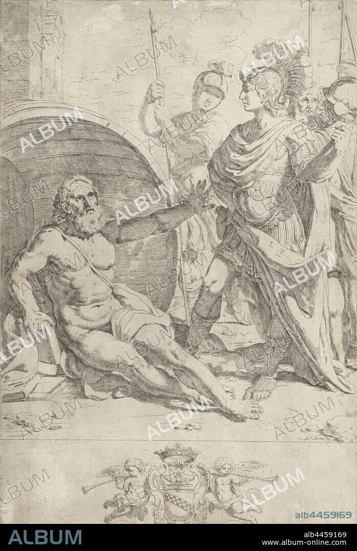 Diogenes and Alexander the Great, The philosopher Diogenes is in front of his barrel. He beckons to Alexander the Great and his entourage to step aside so that he is no longer in their shadow. Bottom coat of arms, Alexander's visit to Diogenes, who sits by his barrel and asks Alexander to get out of his light, Lorenzo Loli (mentioned on object), Italy, 1622 - 1691, paper, etching, h 405 mm × w 276 mm.