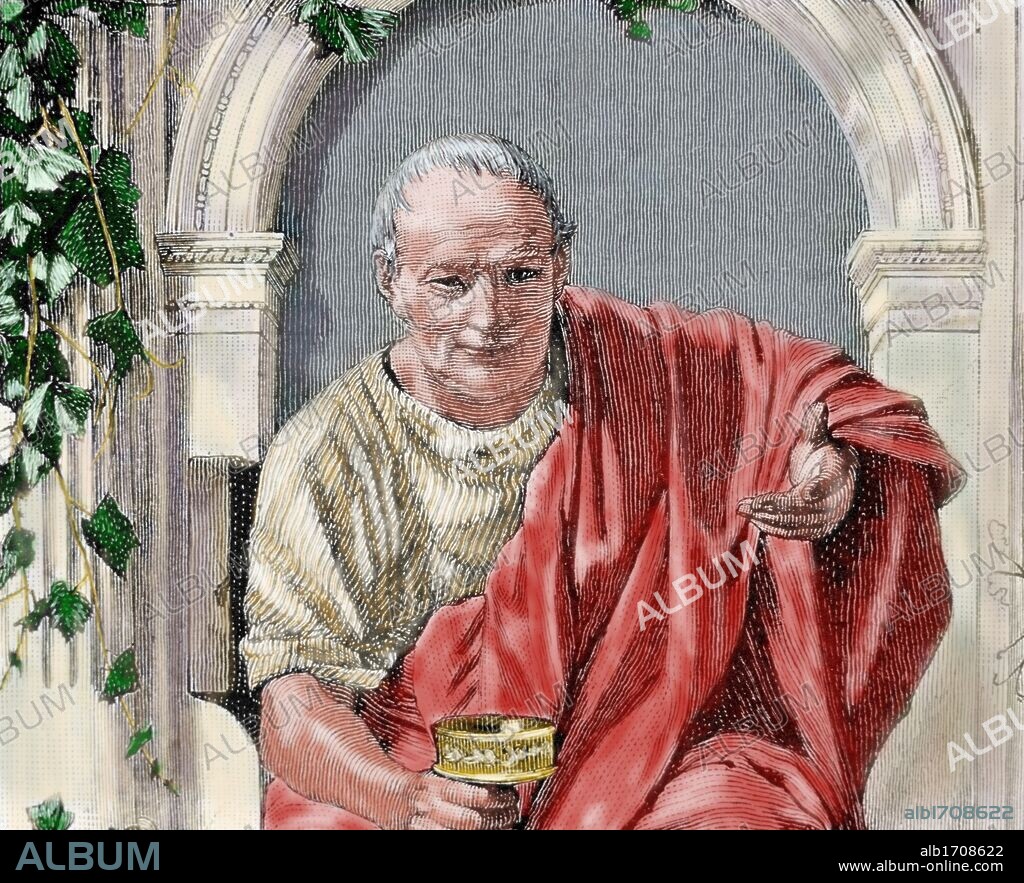 HORACIO (Quinto Horacio Flaco) (Venosa,65 a. C. ¿?,8 a. C.). El más grande de los poetas latinos, junto a Virgilio. Grabado coloreado.