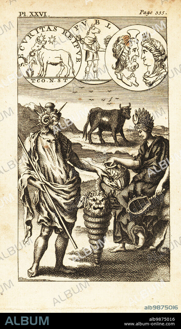 Osiris, Apis and Serapis, ancient Egyptian and Greek gods. Osiris with staff, attended by a three-headed animal encircled by a snake, Isis with bucket and cymbal, and Apis the sacred bull. Copperplate engraving from Andrew Tookes The Pantheon, Representing the Fabulous Histories of the Heathen Gods, London, 1757.