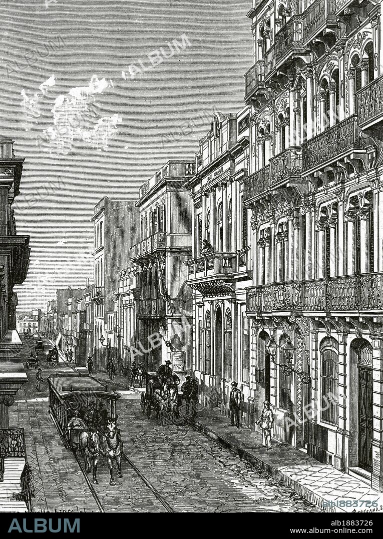 URUGUAY. SIGLO XIX. MONTEVIDEO. Una calle de la ciudad. Grabado por A. Bertrand publicado en "La Ilustración" (año 1887) .