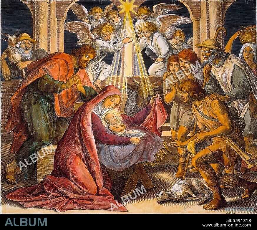 JULIUS SCHNORR VON CAROLSFELD. Schnorr von Carolsfeld, Julius. 1794-1874. "Nativité". Luc 2, 10-12. Gravure sur bois, coloriée tardivement. De : La Bible Illustrée, Leipzig. (Georg Wigand) 1860, p. 166. Berlin, Sammlung Archiv für Kunst und Geschichte.