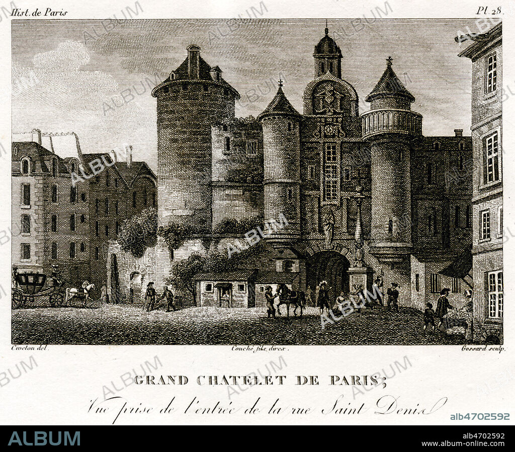 Grand Chatelet de Paris. Vue prise de l'entree de la rue St Denis. Illustration de 1824 par Christophe CIVETON (1796-1831) pour Histoire Physique, civile et morale de Paris par Jacques Antoine DULAURE (1755-1835). Credit : Collection Jonas/Kharbine-Tapabor.