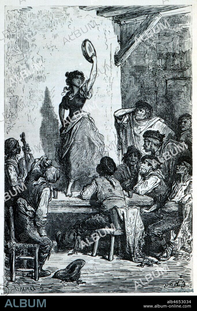 (Carmen dansant sur une table). Illustration inversee de Gustave DORE (1832-1883) pour Voyage en Espagne par Charles DAVILLIER (1823-1883) et Gustave DORE repris dans Le Tour du Monde de 1866 et reutilisee ensuite pour Carmen de Prosper MERIMEE (1803-1870). Credit : Collection Kharbine-Tapabor.