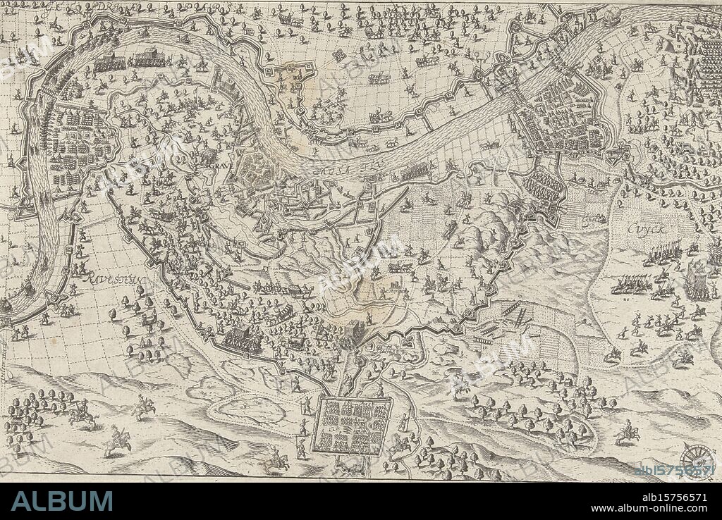 Siege and capture of Grave by Maurits, 1602, Siege and capture of the city of Grave by the Dutch army under Prince Maurits, July 18 - September 20, 1602. Plan of the city of Grave in the surrounding country with the Maas at the top. With the camps of the besiegers. Without the legend under the performance., print, print maker: Bartholomeus Willemsz. Dolendo, (attributed to), Northern Netherlands, 1602 - 1610 and/or 1619, paper, engraving, letterpress printing, height, 225 mm × width, 338 mm.